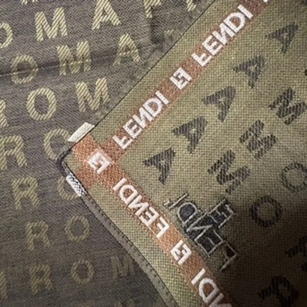 Vtg FENDI Scarf Handkerchief Monogram Olive Green Brown 19.5